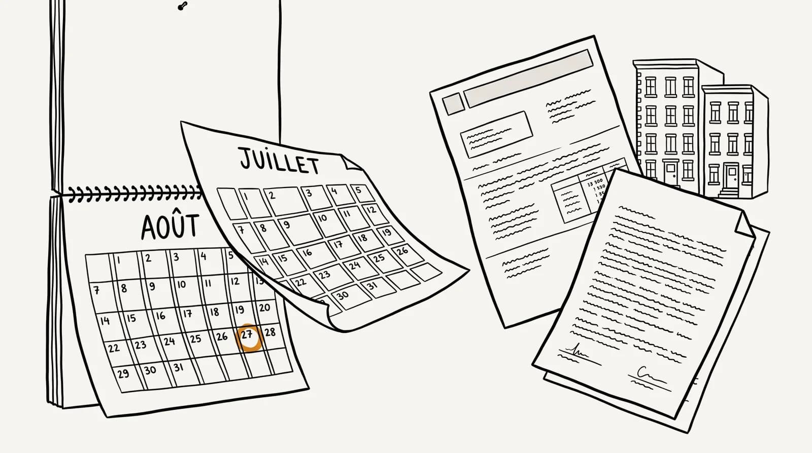 Illustration au trait : un calendrier mural dont la page de juillet se détache sur celle d'août, avec le 27 entouré, à côté d'un avis d'imposition, d'un contrat de location signé et de deux immeubles