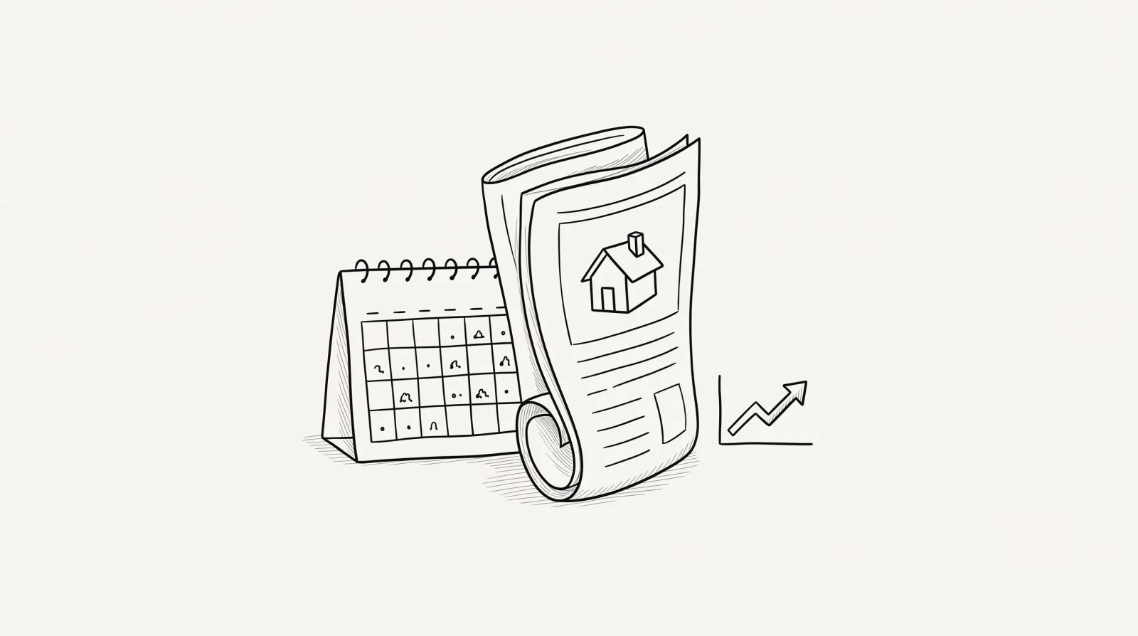Illustration au trait : un journal, un calendrier et une courbe de tendance