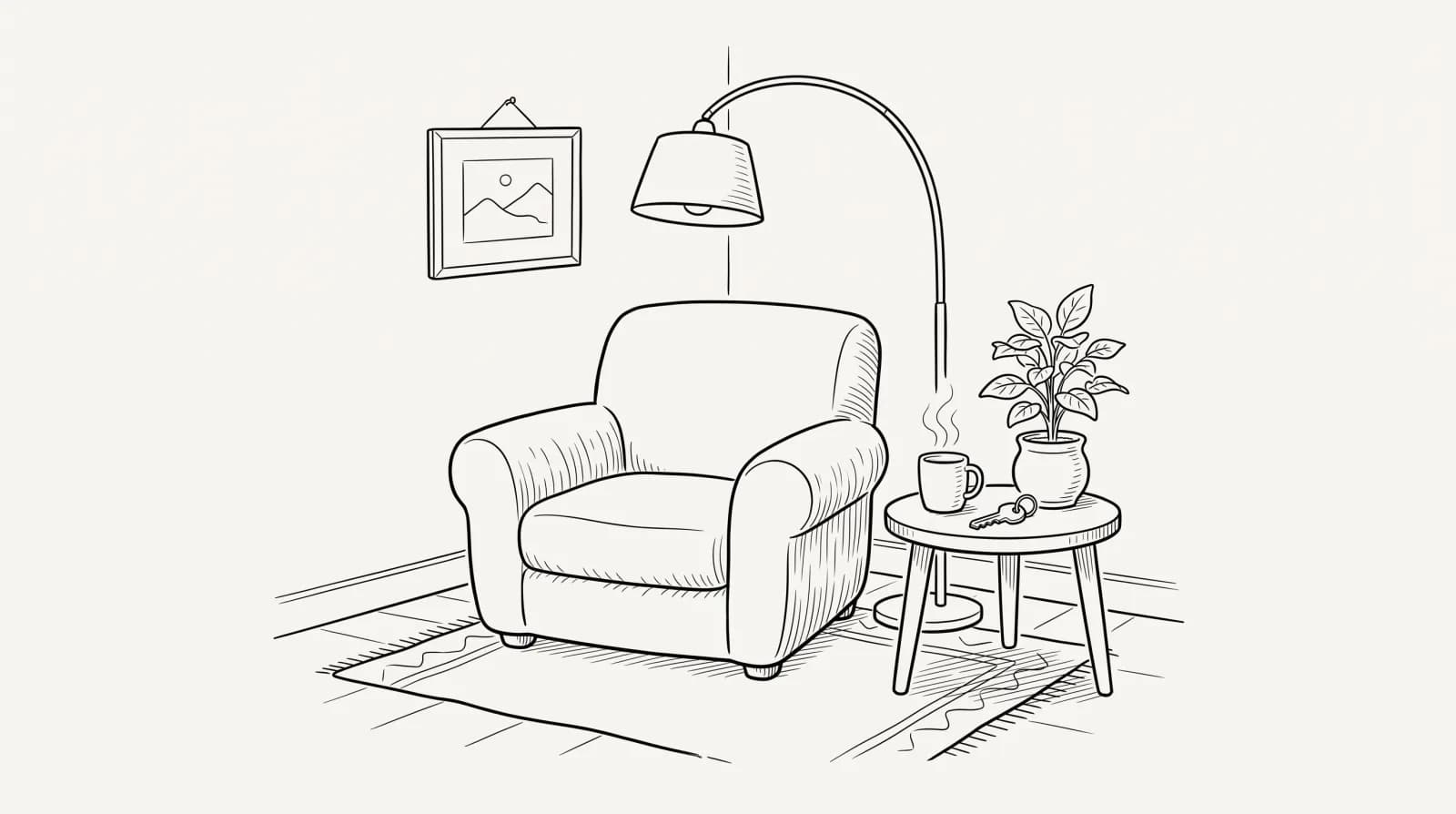 Illustration au trait : un coin de séjour meublé avec fauteuil et lampe
