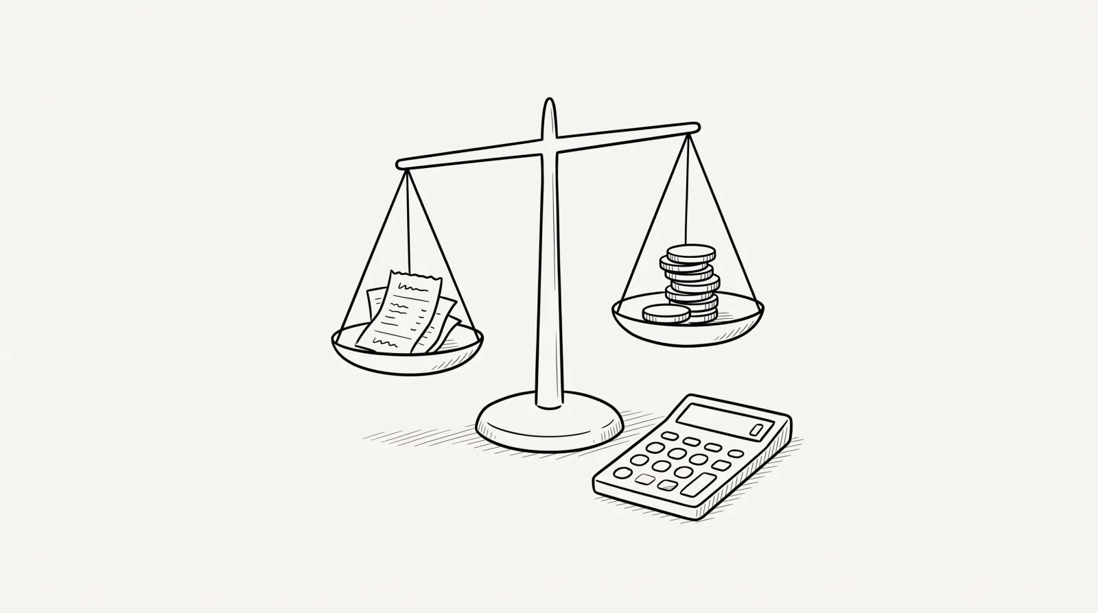 Illustration au trait : une balance avec reçus et pièces, et une calculatrice