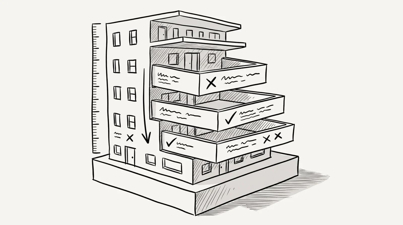 Illustration au trait : un immeuble dont les niveaux se détachent en plateaux successifs, posés sur un socle de terrain d'un seul bloc