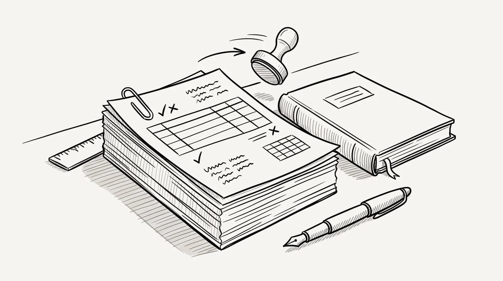 Illustration au trait : une liasse de formulaires fiscaux éventaillée sur un bureau, avec un stylo posé en travers
